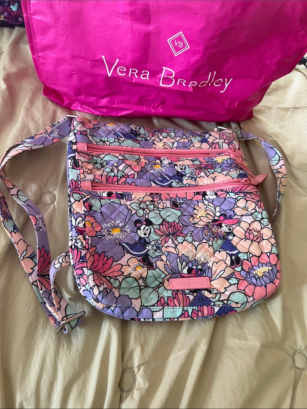 Vera Bradley Pink Triple Zip Floral Minnie Mouse Crossbody Bag